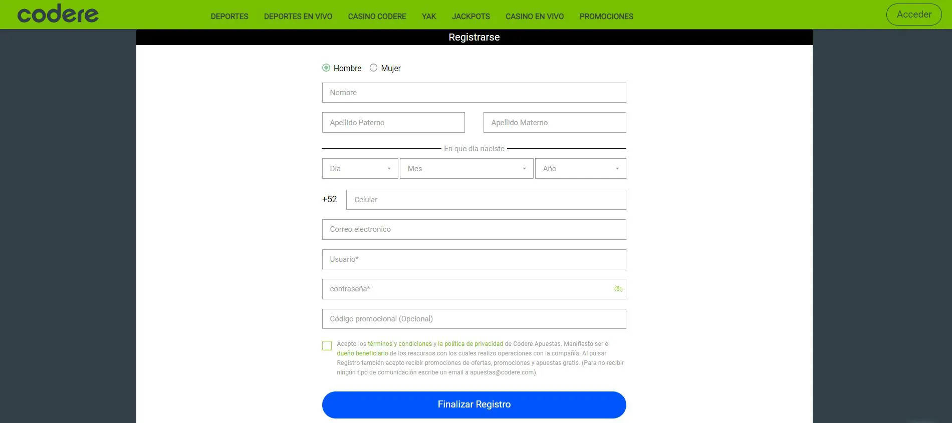Guía de registro del casino Codere Codere registro